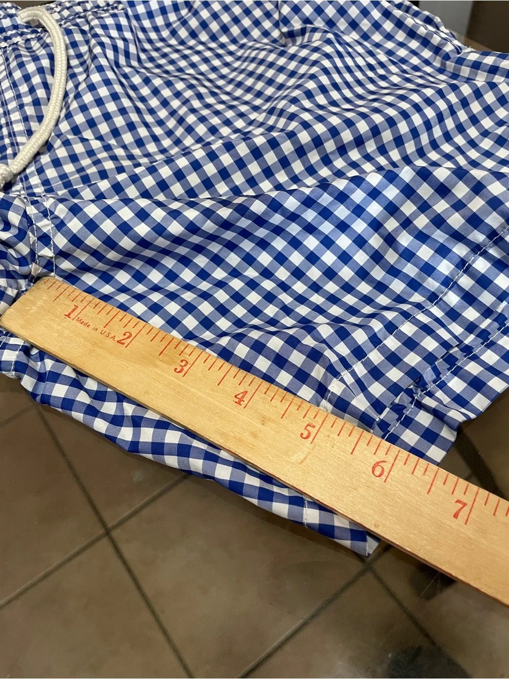 Polo Ralph Lauren Men's Blue and White Gingham Swim Trunks with Yellow Logo